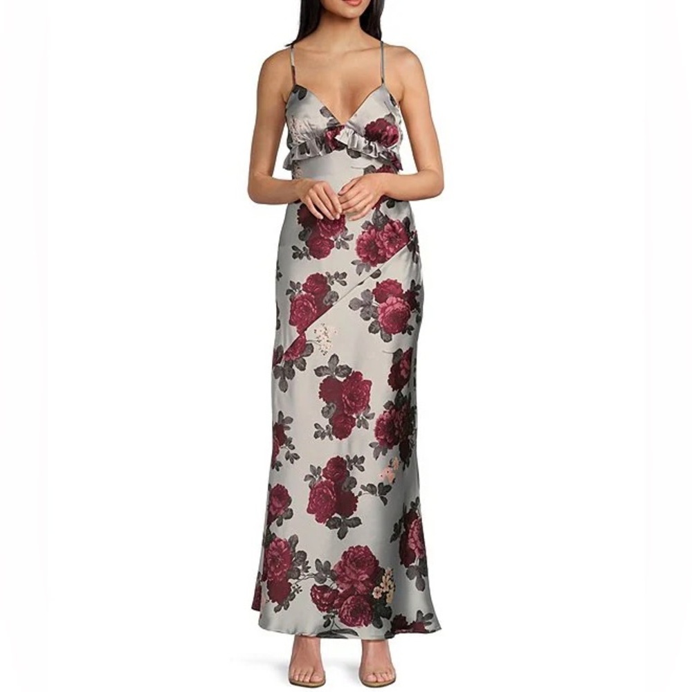 NWT Pear Culture x Macy’s Gray Silver Satin Floral Gown